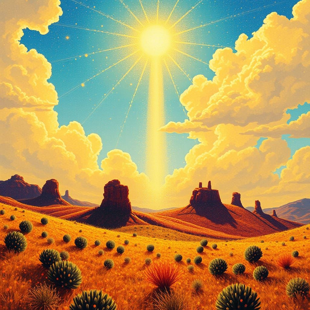 Wild West Landscape Merging Art Nouveau and Pointillism Styl...