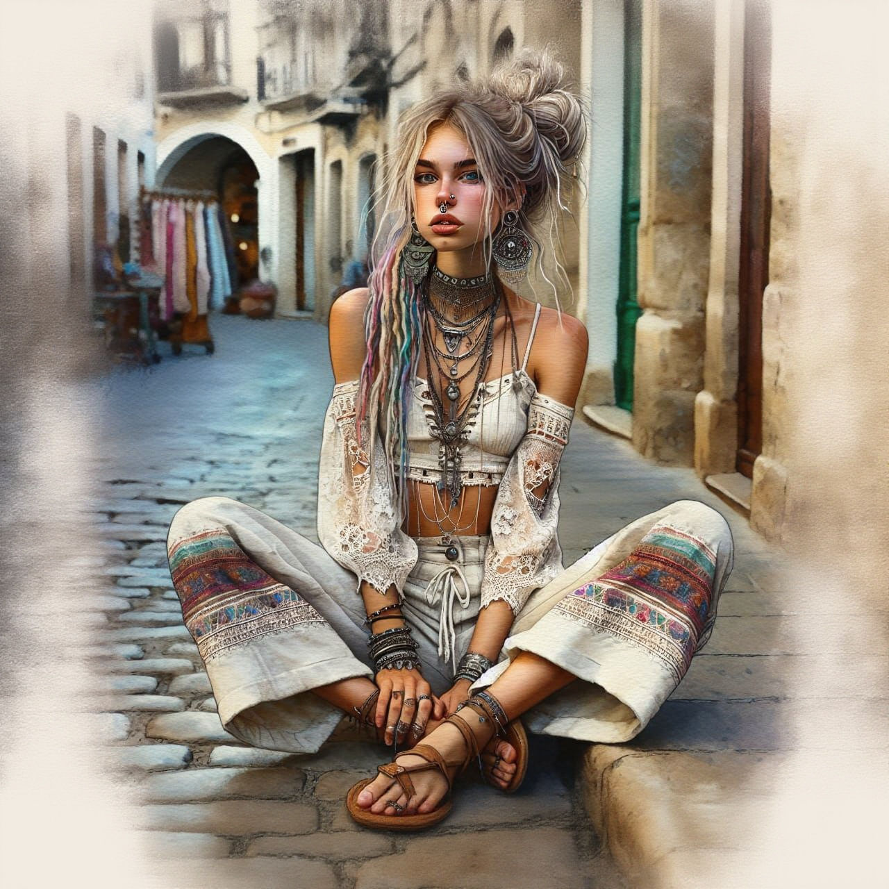 Elegant Woman in Urban Street Scene, Watercolor Painting