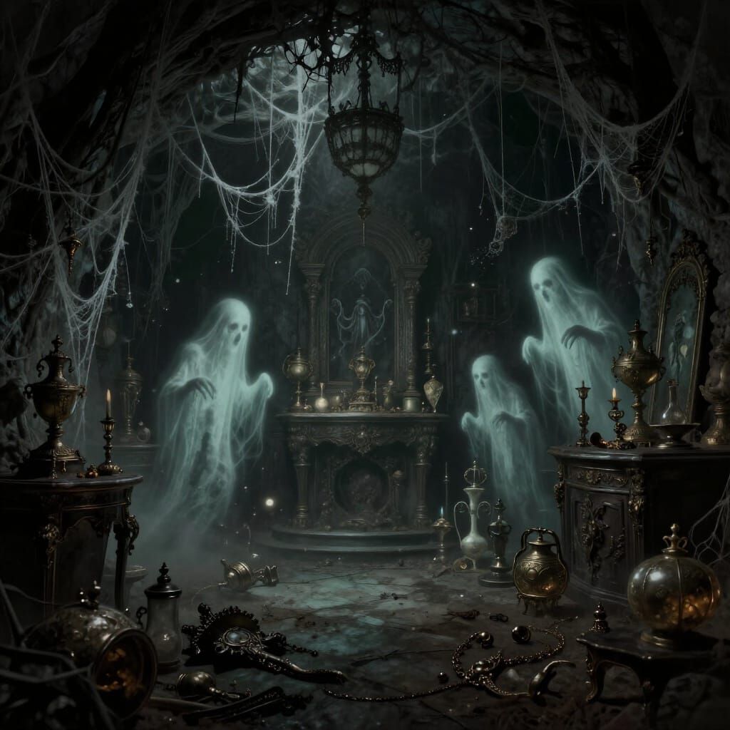 Creepy Treasure Room with Ghosts in Dark Gothic Style