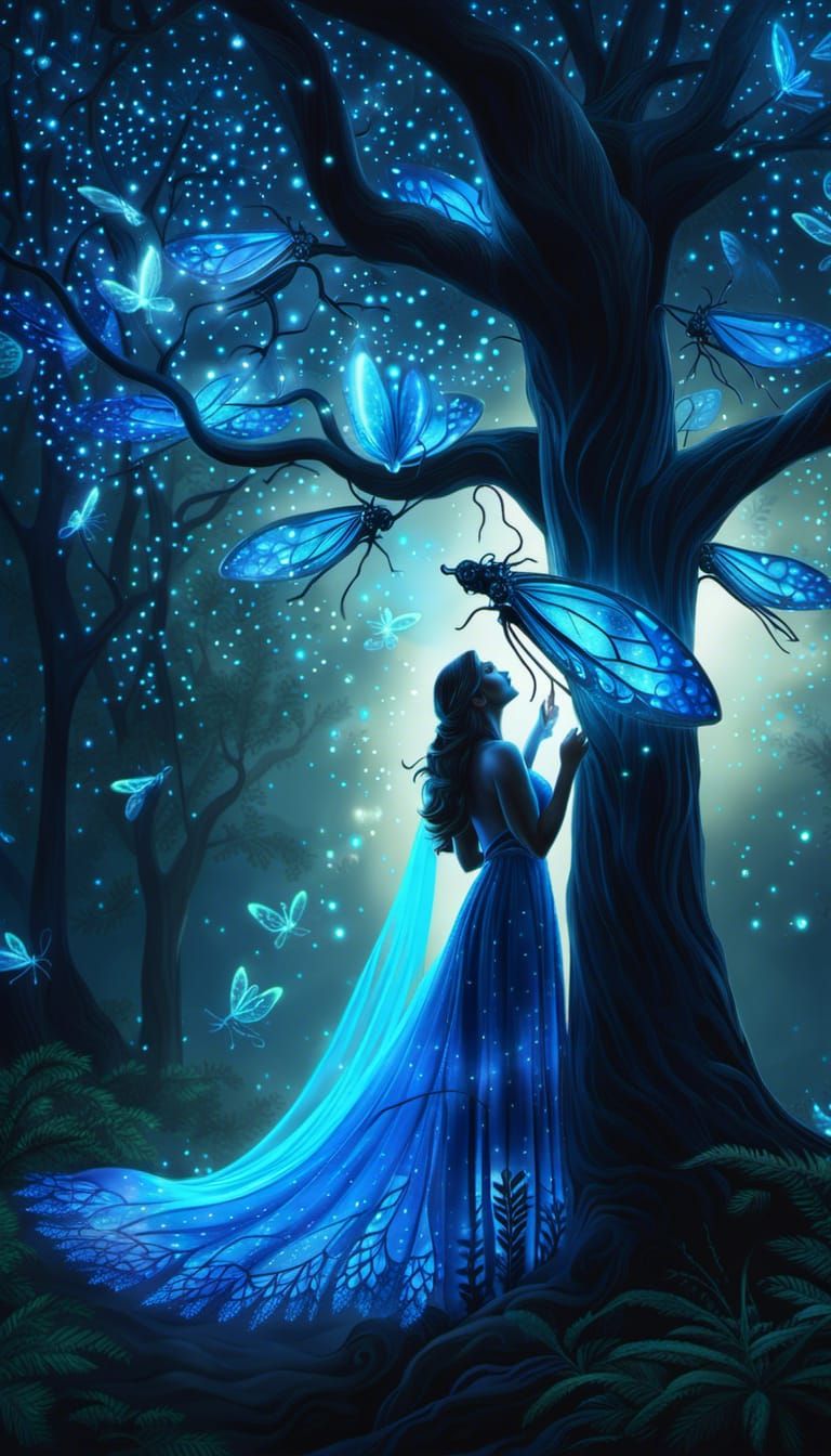 Woman in a Forest of Giant Glowing Winged Insects
