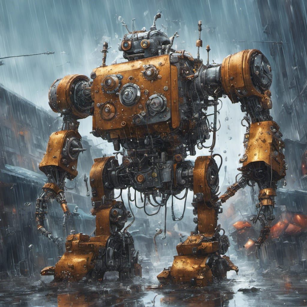 Mechanical Robot in Rainy Recycling Center, Manga Style