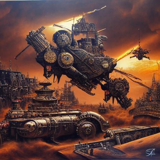 Epic Battle Scene with Steampunk Mechs