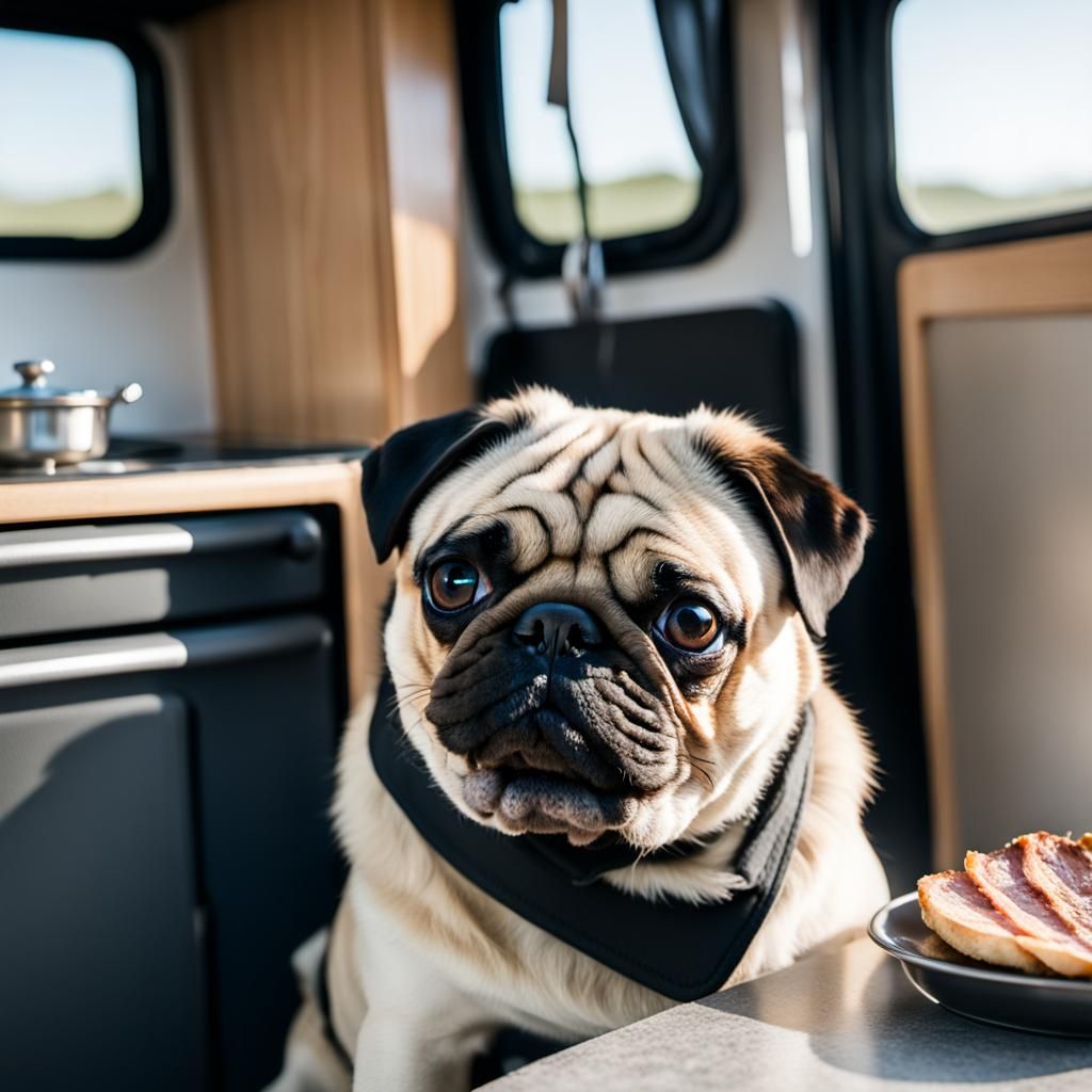 Pug Chef Cooks Bacon in Cozy Motorhome Kitchen