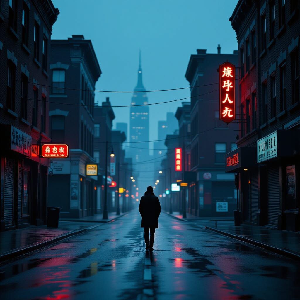 Solitary Figure on Rain-Slicked Street in Metropolis at Dusk