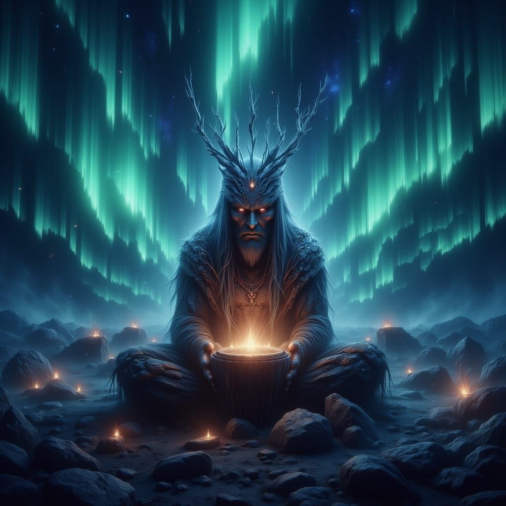 Sami Shaman Plays Drum Under Northern Lights