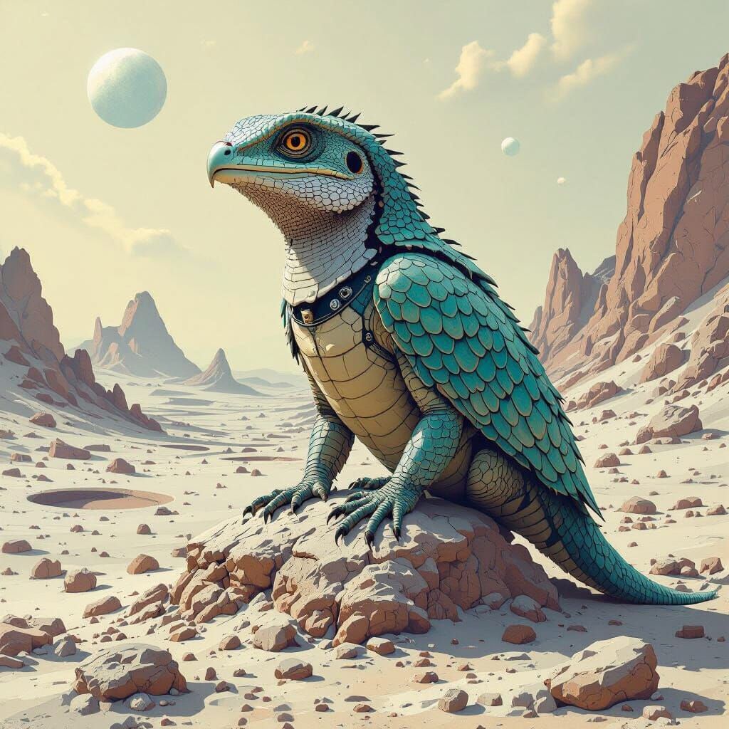 Reptilian Bird on Lunar Surface in Dystopian Style