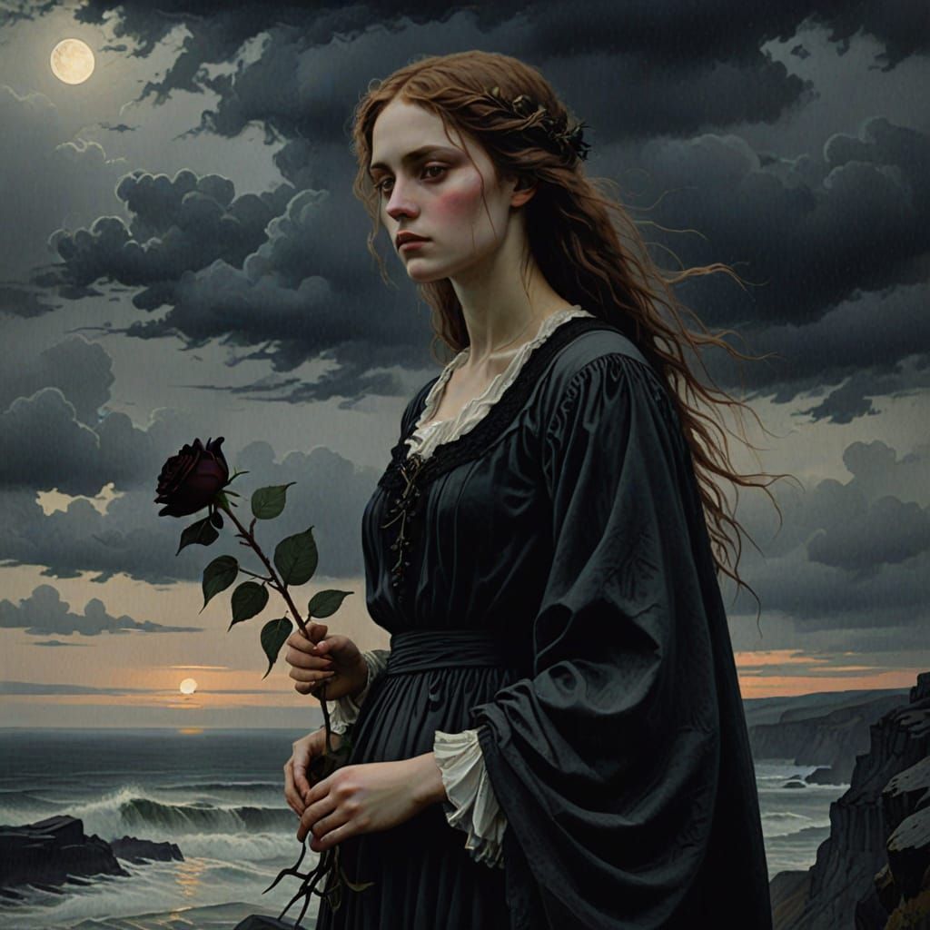Gothic Romance: Woman on Cliff with Black Rose