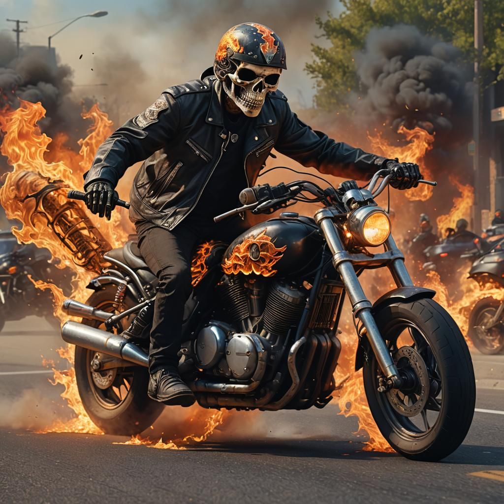 Flaming Skeleton Rider on Motorcycle, Digital Art
