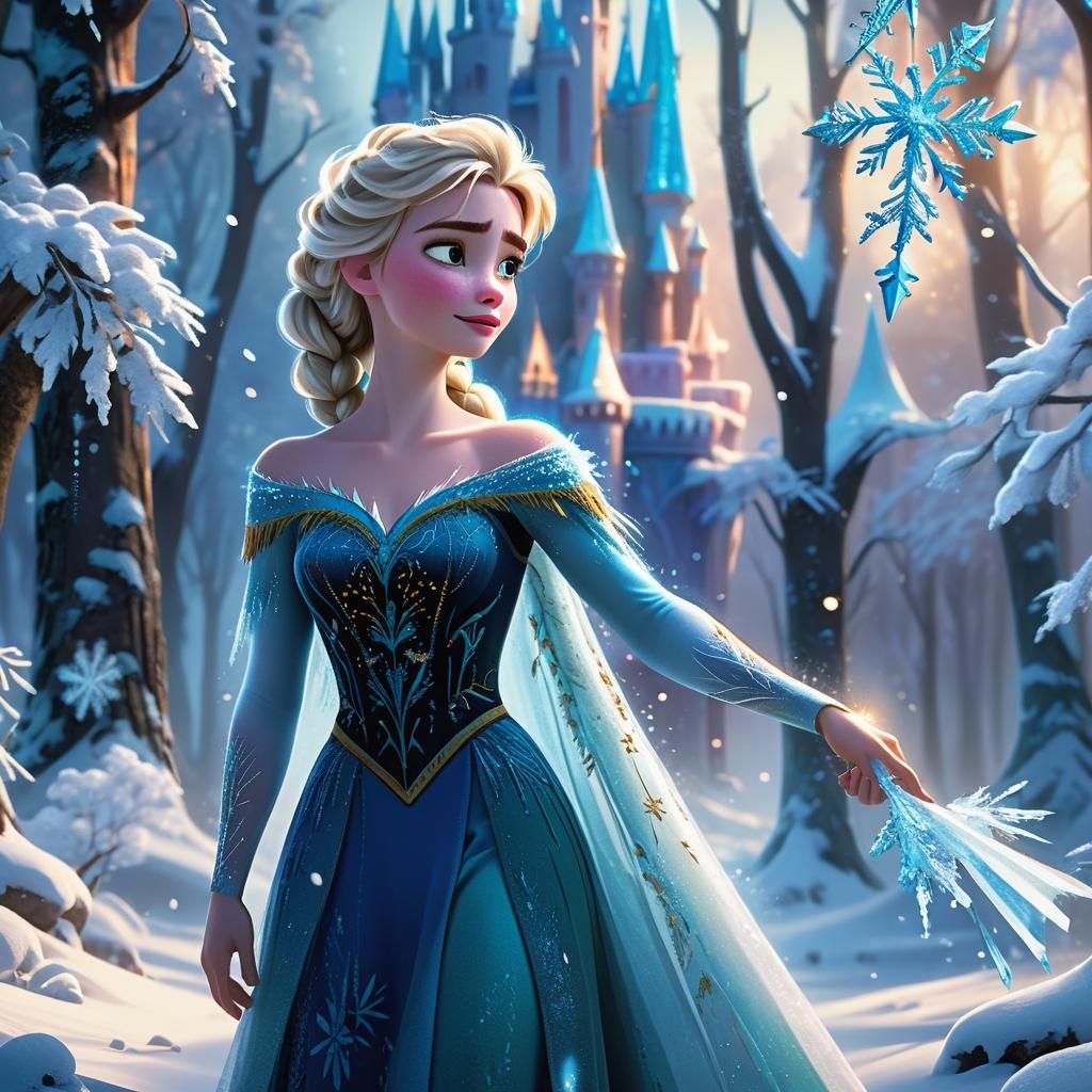 Elsa Creates Magical Snow in Snowy Forest