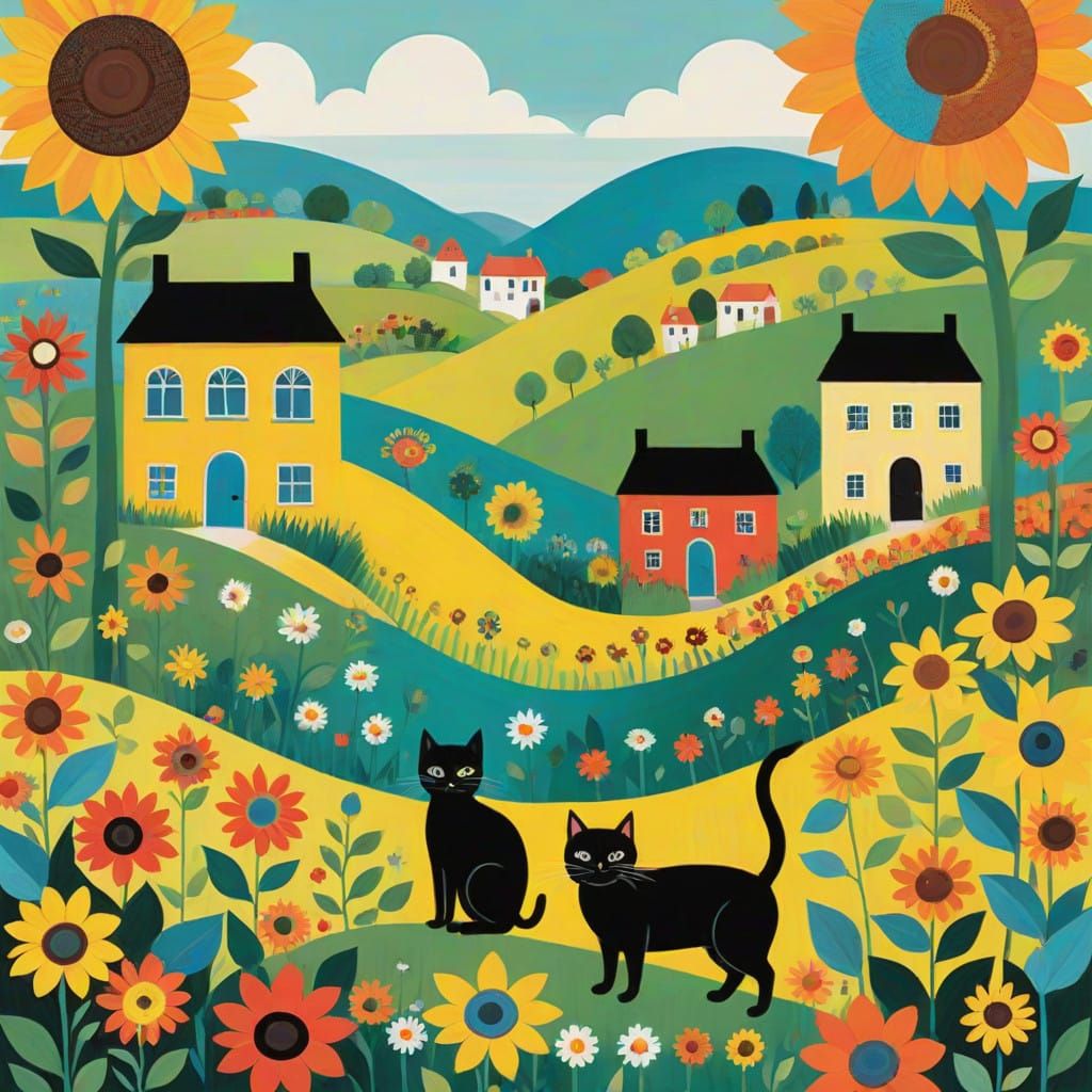 Whimsical Cats in a Bright, Folk-Inspired Landscape