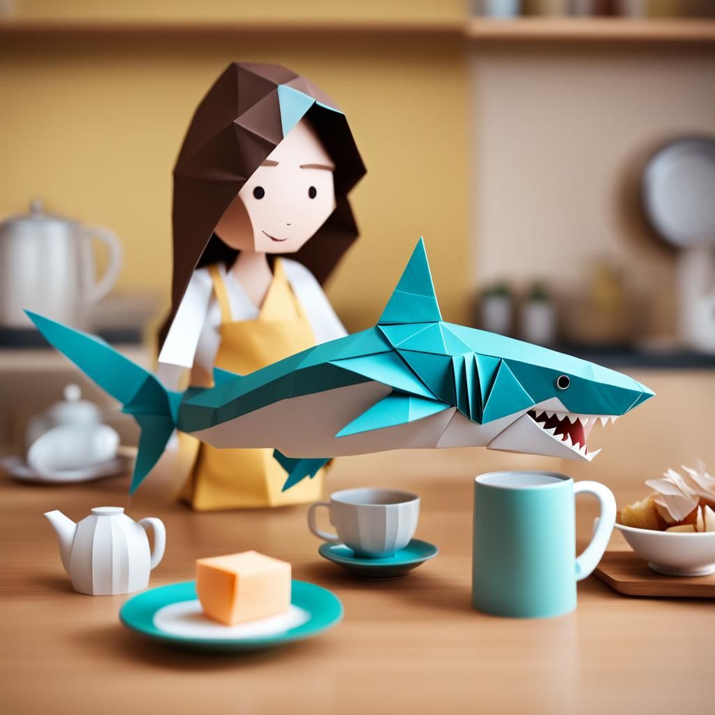 Origami Mom Cooking Shark in Soft Focus