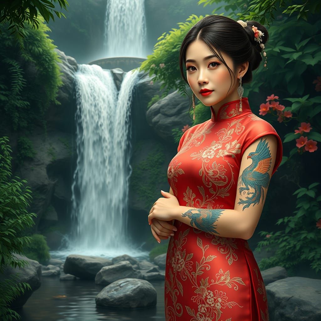 Beautiful Asian woman dressed in Asian fashion set among a waterfall and rocky pool with a tattoo on left arm above her ...