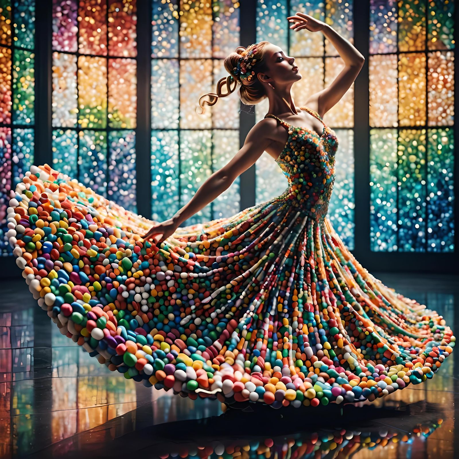 Elegant Dancer in Smarties Dress with Kaleidoscope Backgroun...