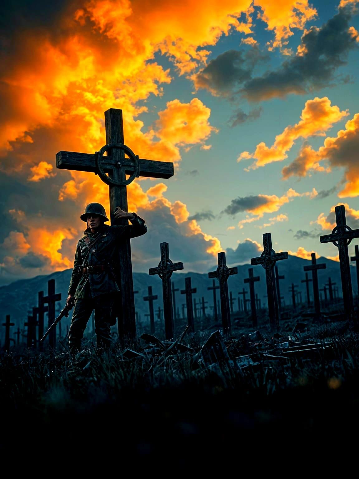 Soldier in Vast Cemetery of Crosses: War's Futility