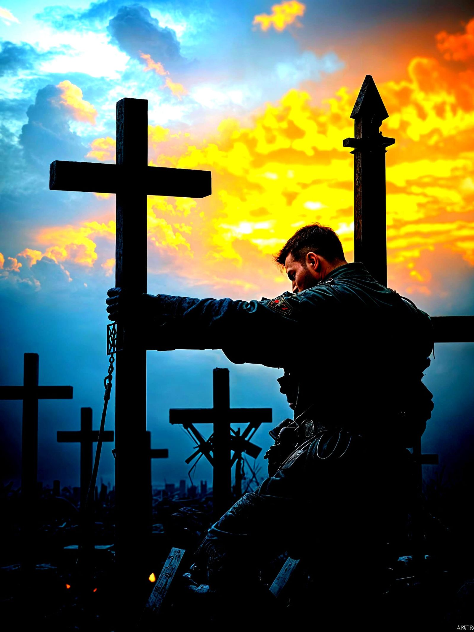 Soldier Reflects in Vast Cemetery of Crosses