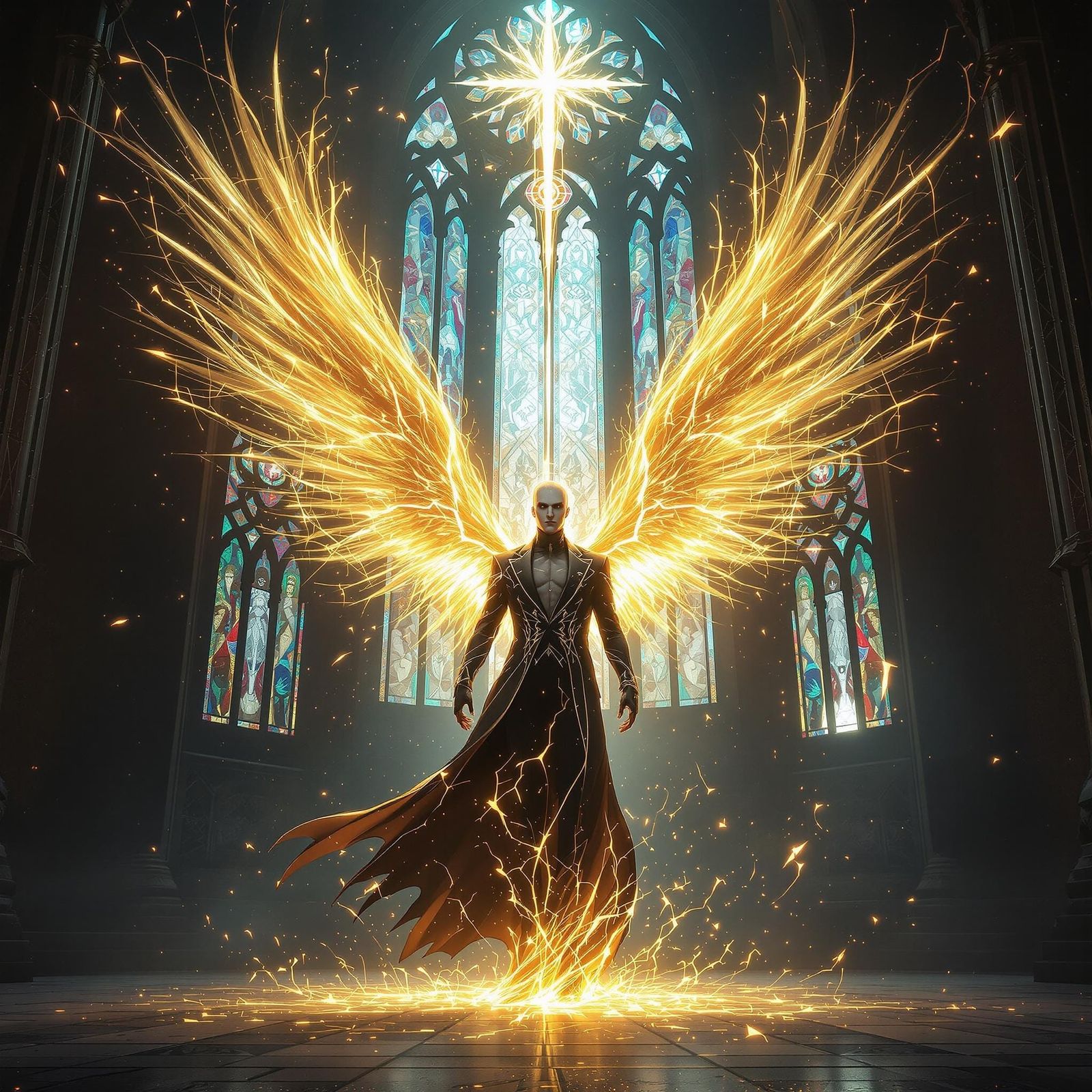 Sleek Figure Emerges from Cathedral Flames in Gothic Revival...