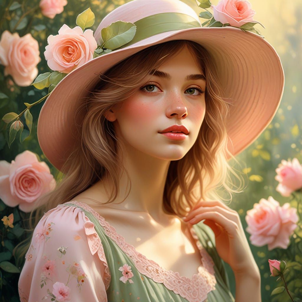 Woman in Whimsical Garden Setting, Soft Impressionist Brushs...