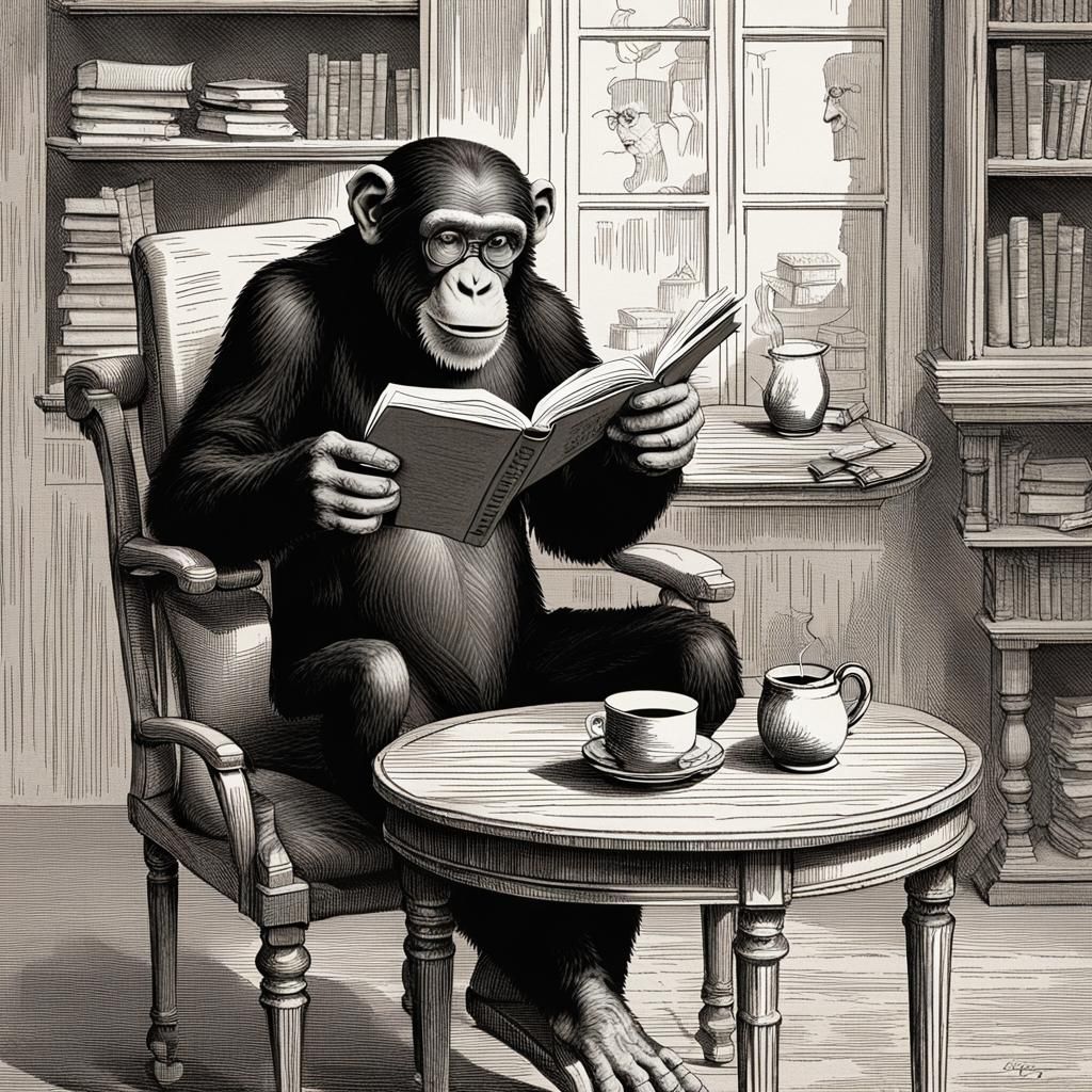 Chimpanzee Reader in Old-Fashioned Setting