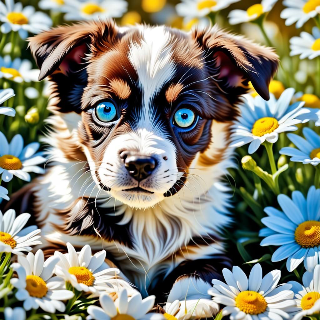 Adorable Puppy Rolling in Daisies: Hyper-Realistic Photograp...