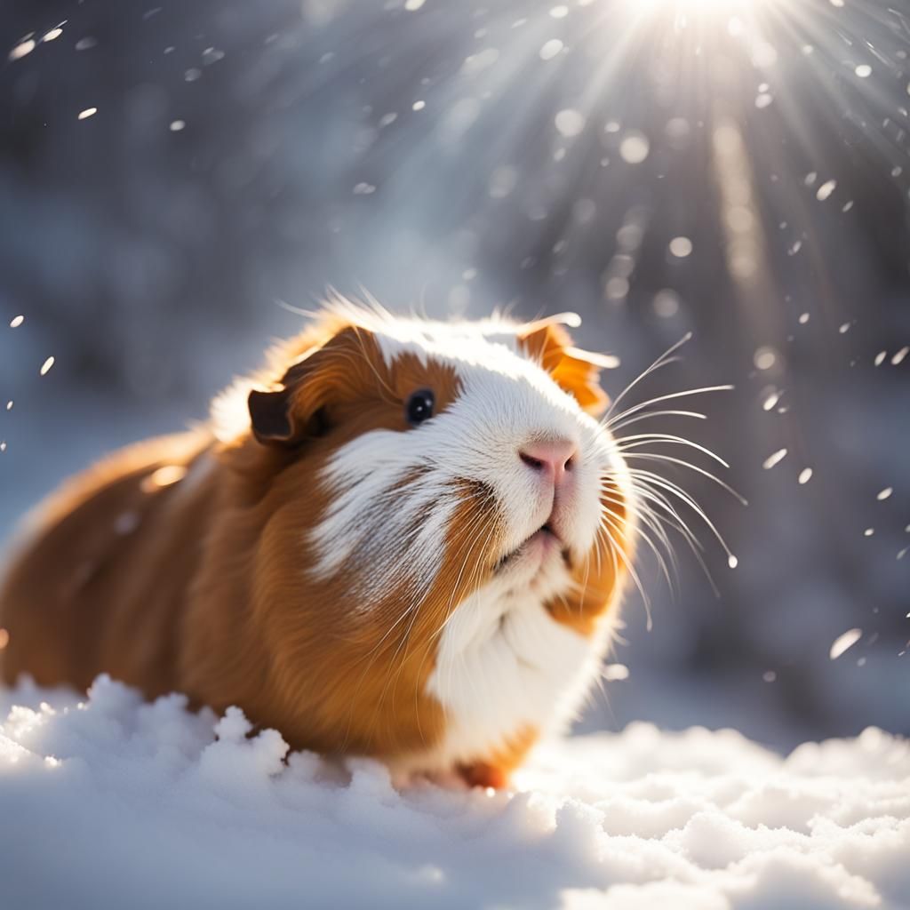 Guinea Pig in Snow with Heavenly Sunlight