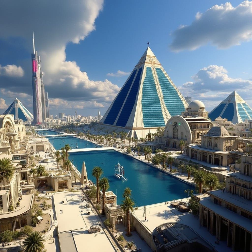 Dystopian Cyberpunk Pyramid City in Metallic Style