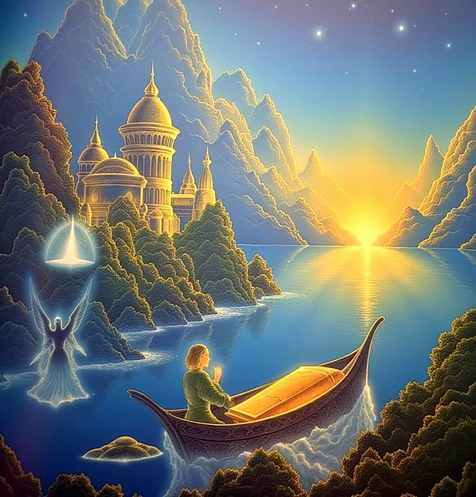 Mystical Boat Approaches Enchanted Mountainside