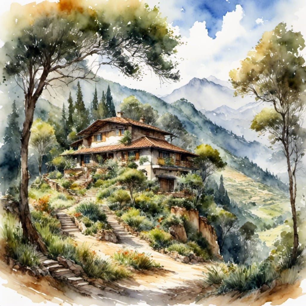 House in Valley, Watercolor Painting