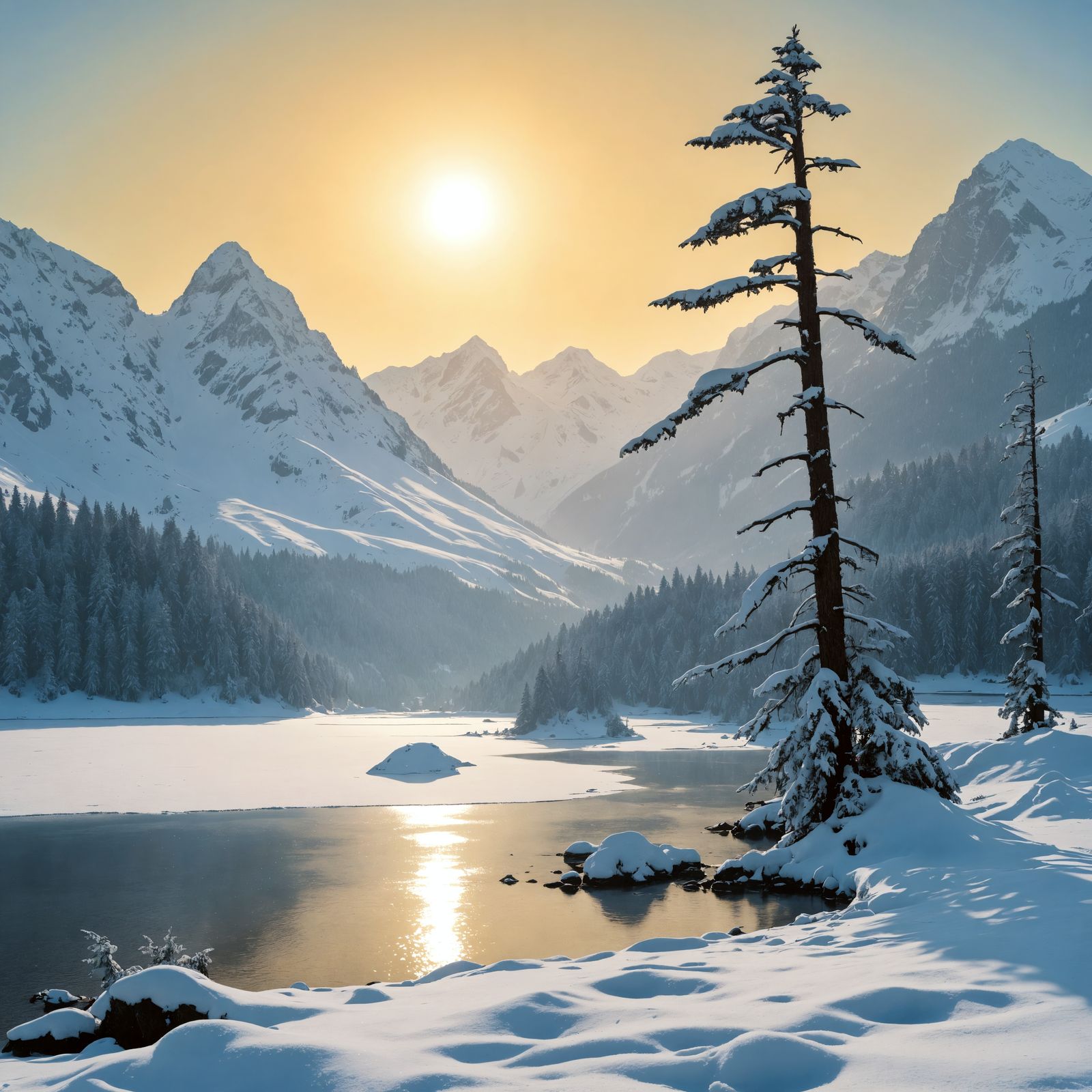 Surreal Winter Scene with Majestic Mountains and Snow-Capped...