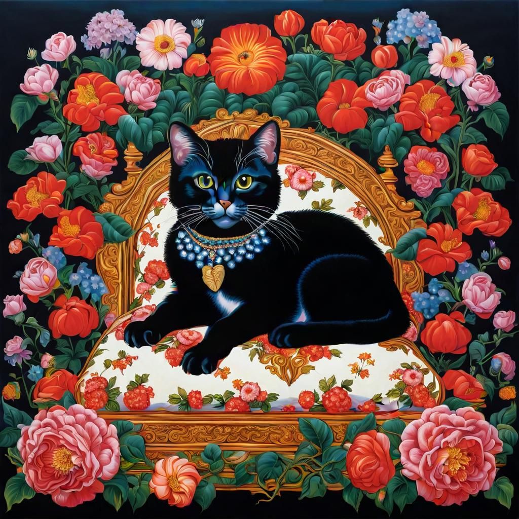 Cat Portrait with Flowers in Contemporary Style