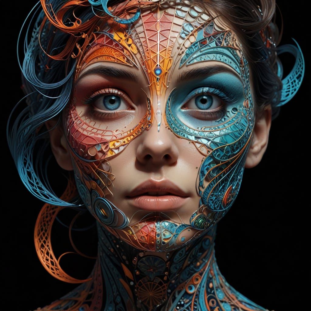 Symmetrical Surrealist Portrait with Intricate Line-Based Co...