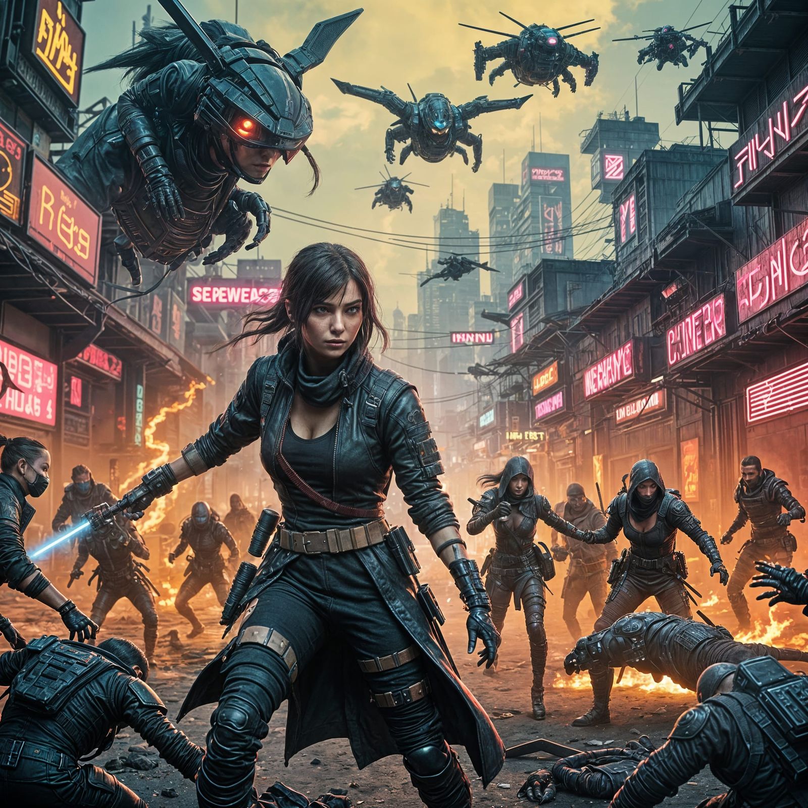 Cyberpunk Ninja vs Alien Horde in Neon City