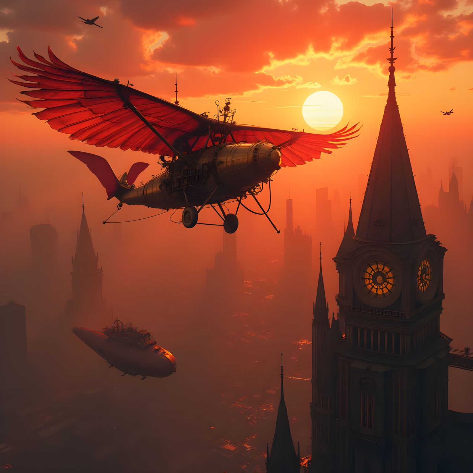 Steampunk Ornithopter Soaring Over Metropolis at Sunset
