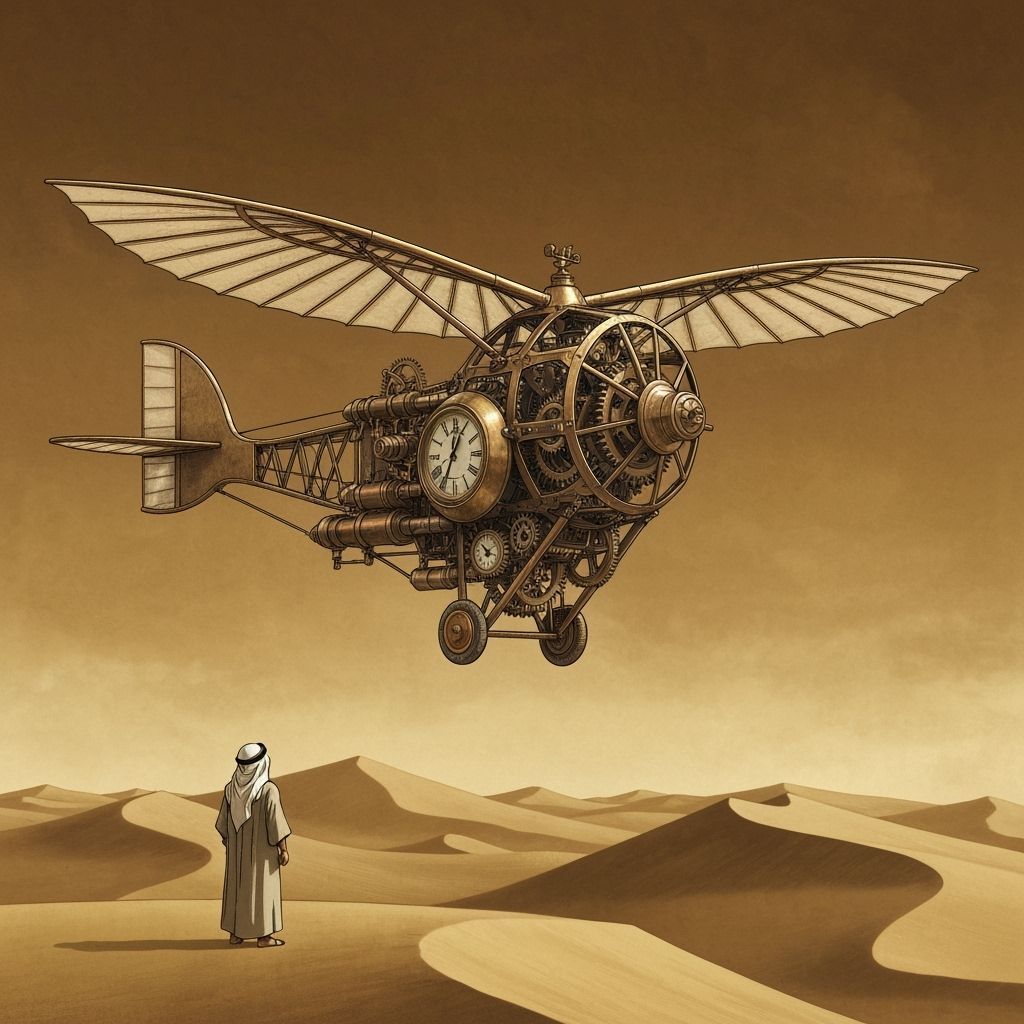 Steampunk Ornithopter Soaring Over Desert Dunes