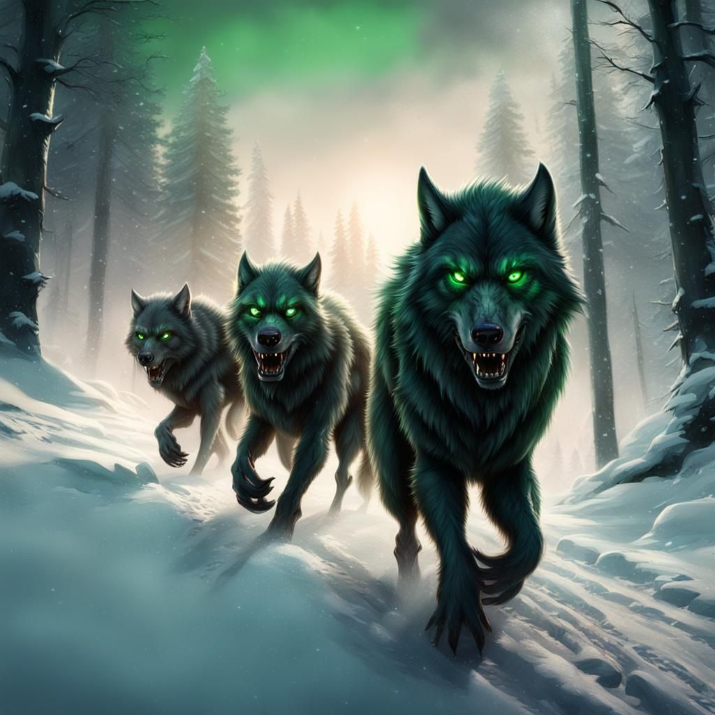 Happy Werewolves with Glowing Eyes in Snow
