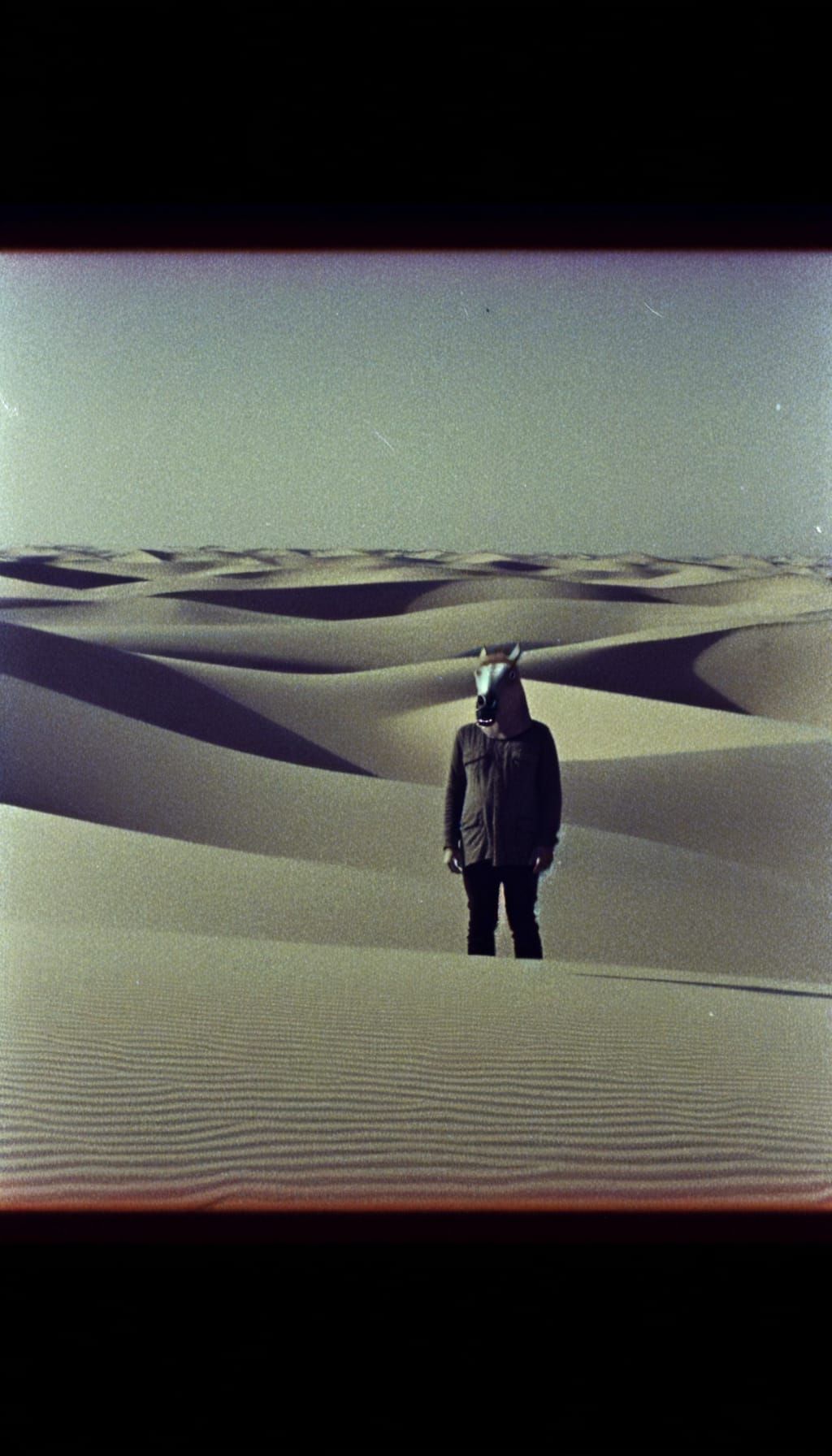 Equine Cultist in Desert Dunes, 1970s Film Style