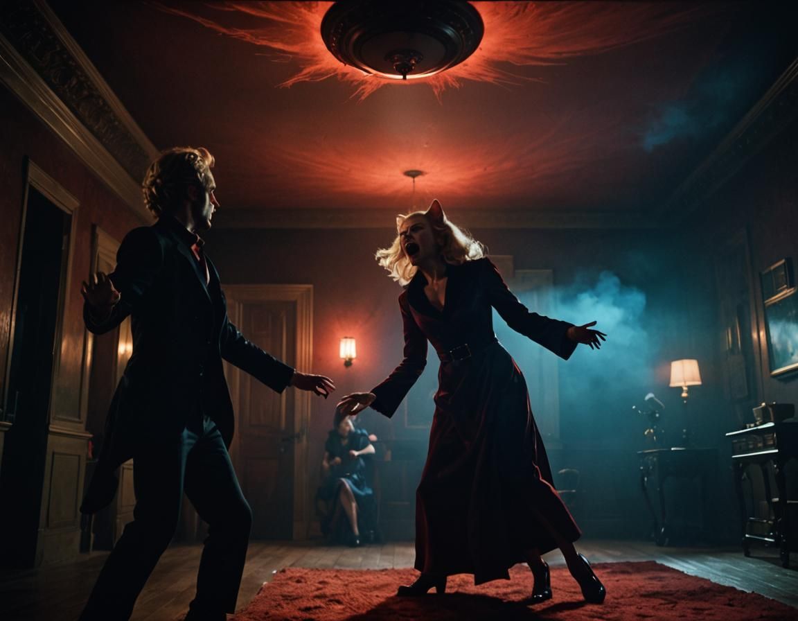 Cat Attack on Vampire Scene in Cinematic Style