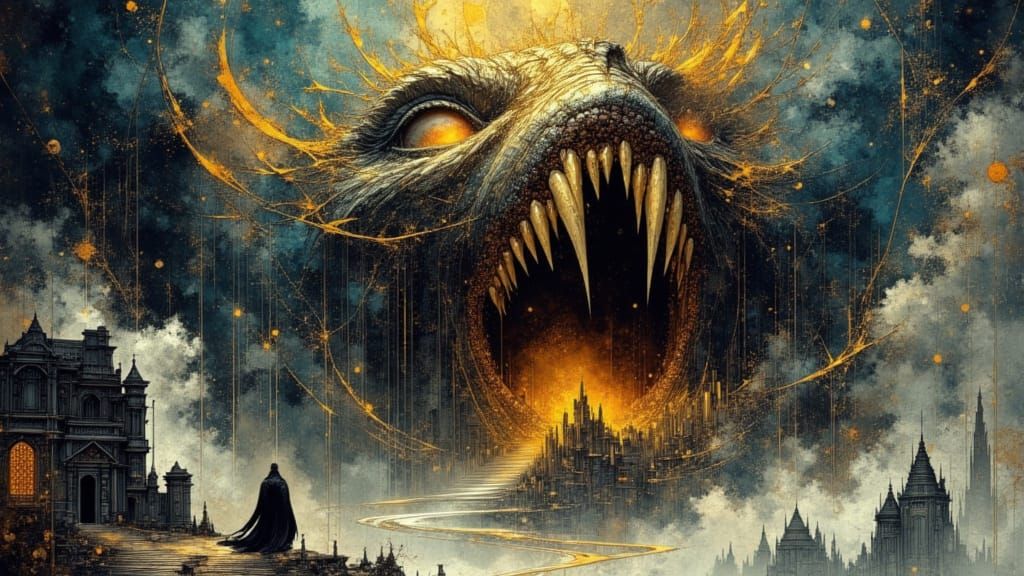 Colossal Maw Devouring Village in Fantasy Art Style