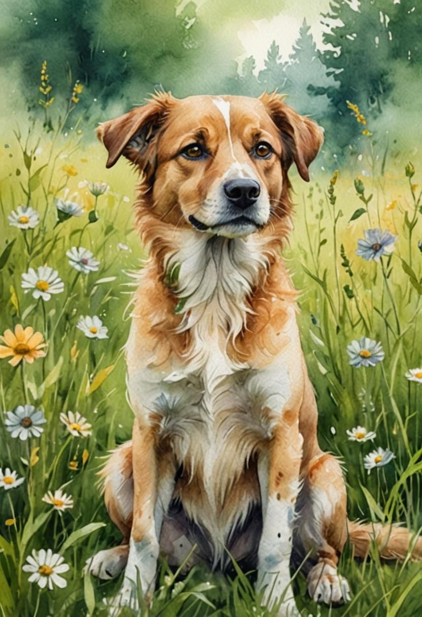 Dog in Meadow: Whimsical Watercolor Illustration