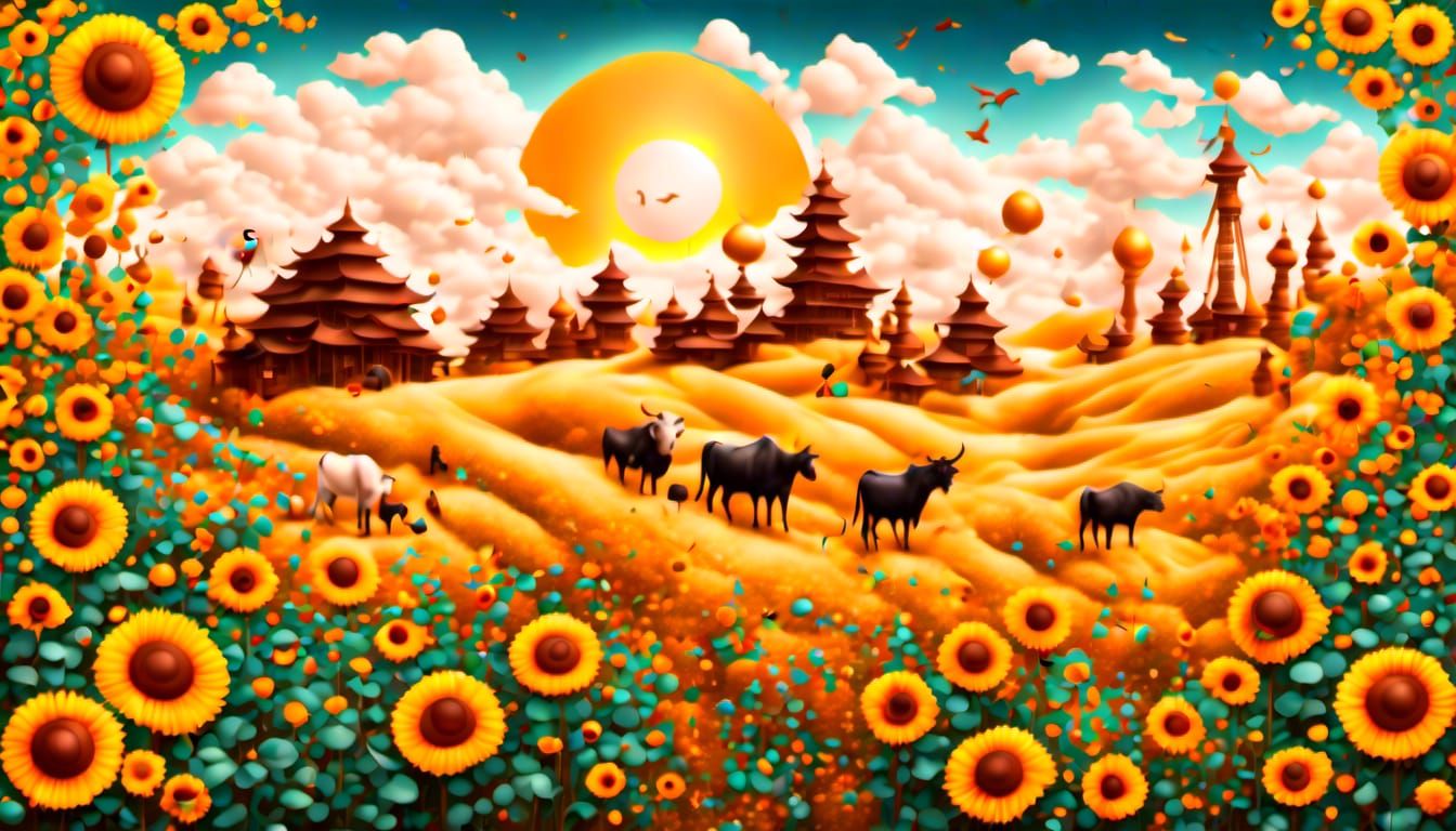 Asian-Style Summer Almanac Illustration with Sunflowers