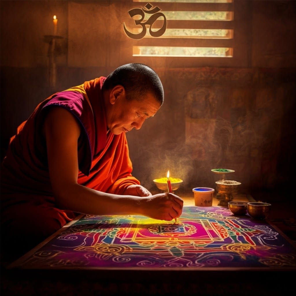 Tibetan Monk Creating Mandala Art in Amber Light