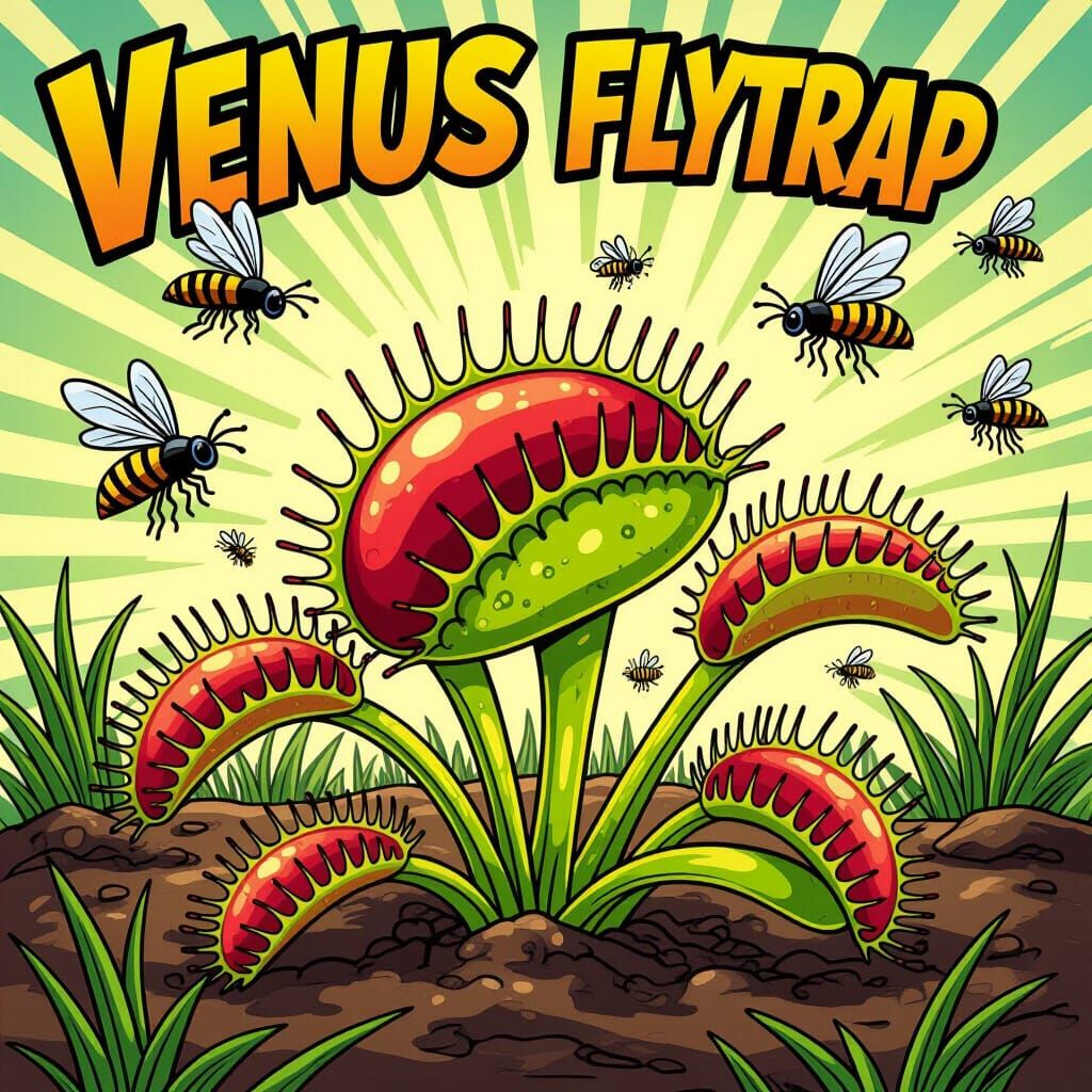 Venus Flytrap Attracts Insects in Comic Book Style