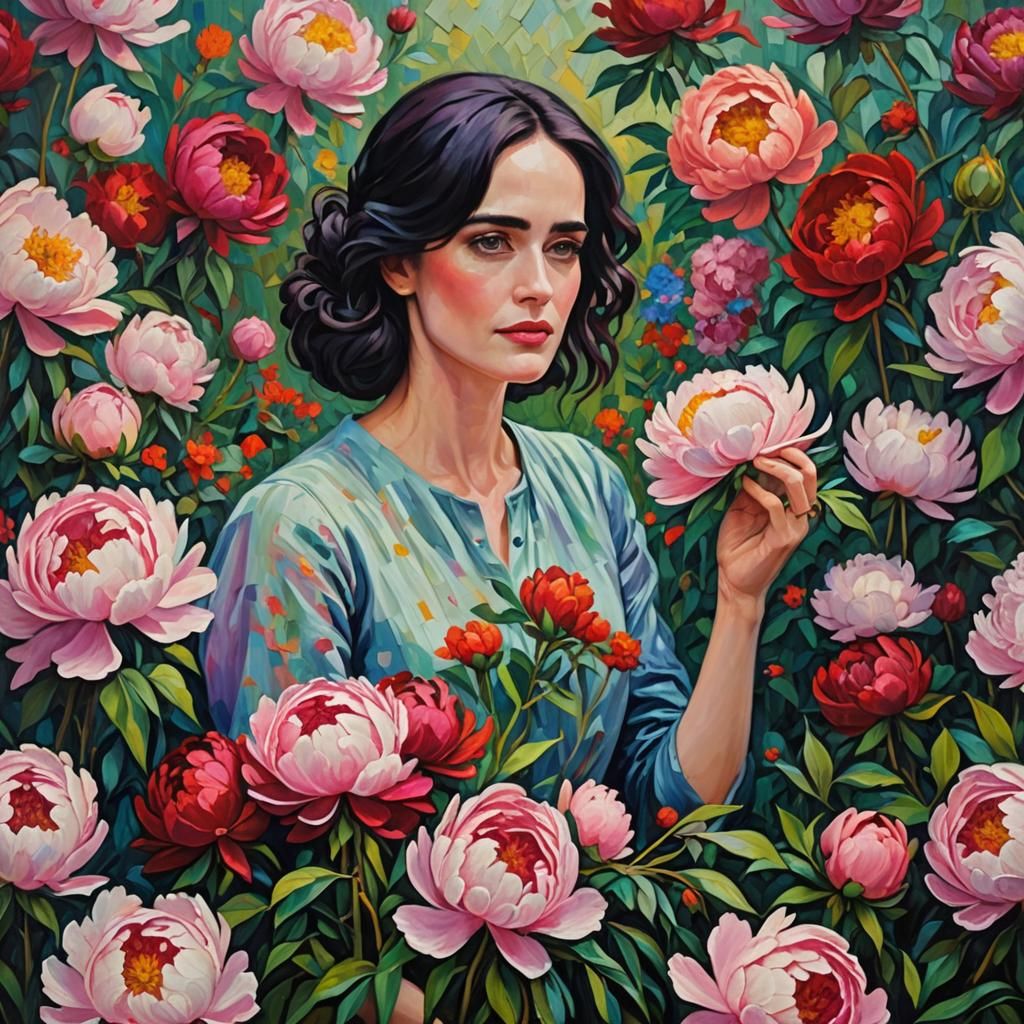 Eva Green and Peonies in Expressionist Oil Painting