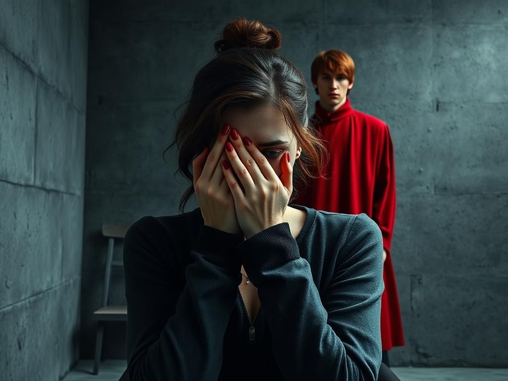 Crying Woman with Figure in Red, Detailed Art