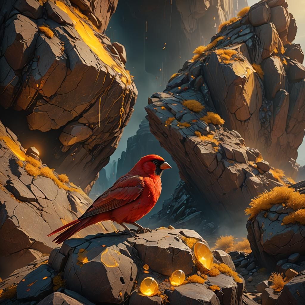 Radioactive Bird on Glowing Stone in Fantasy Environment