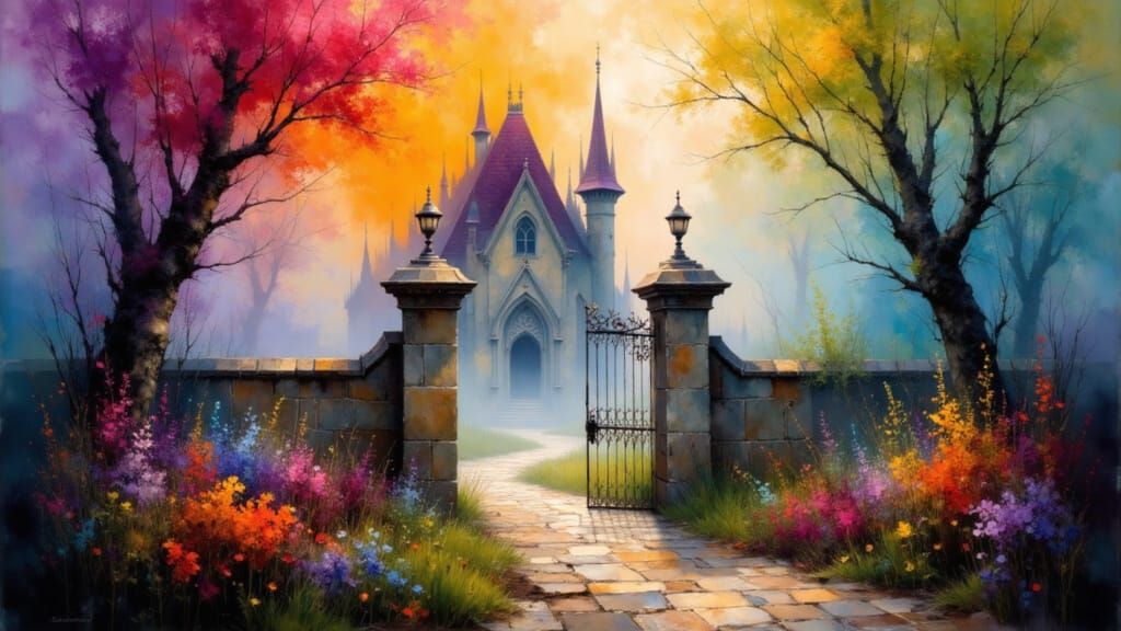 Ethereal Cottage in Mystical Haze with Fractal Patterns