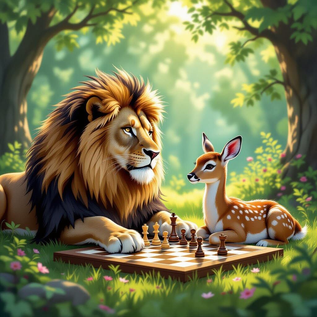 Lion and Deer Play Chess in Enchanted Forest