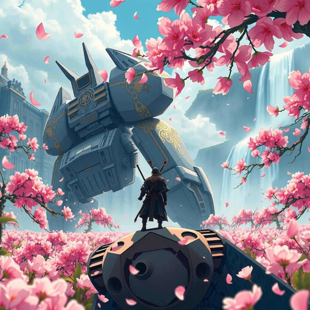 Samurai on Mech with Cherry Blossoms in Anime Style