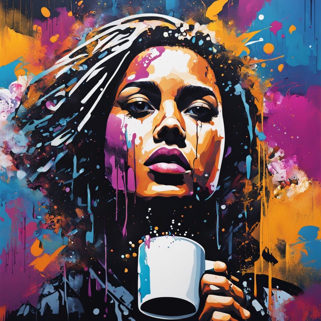 Vibrant Street Art Portrait of a Woman Enjoying Coffee