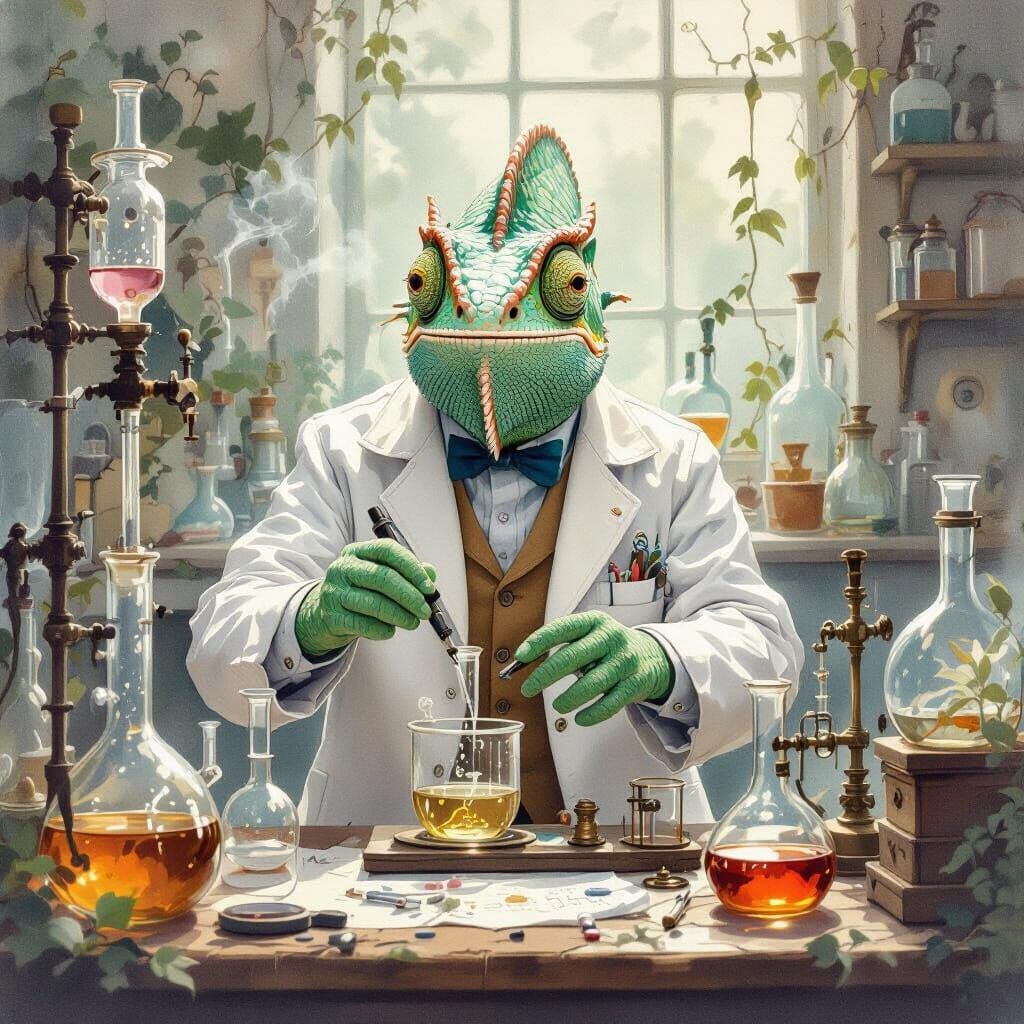 Chameleon Scientist in Watercolor Lab