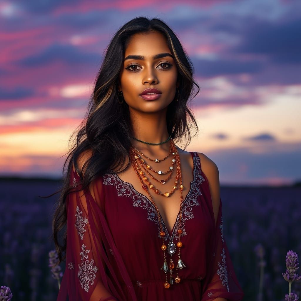 Sri Lankan Woman in Lavender Field, Gothic Portrait